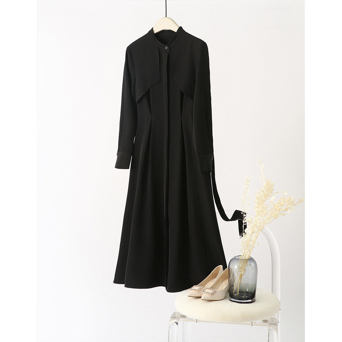 2025 temperament Hepburn style small black dress, shirt dress  spring and summer women's clothing long-sleeved medium and long skirt