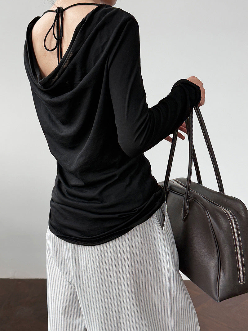 Luxi, Korean design sense, back swing collar strap inside T-shirt women's summer new sunscreen bottoming shirt 2682