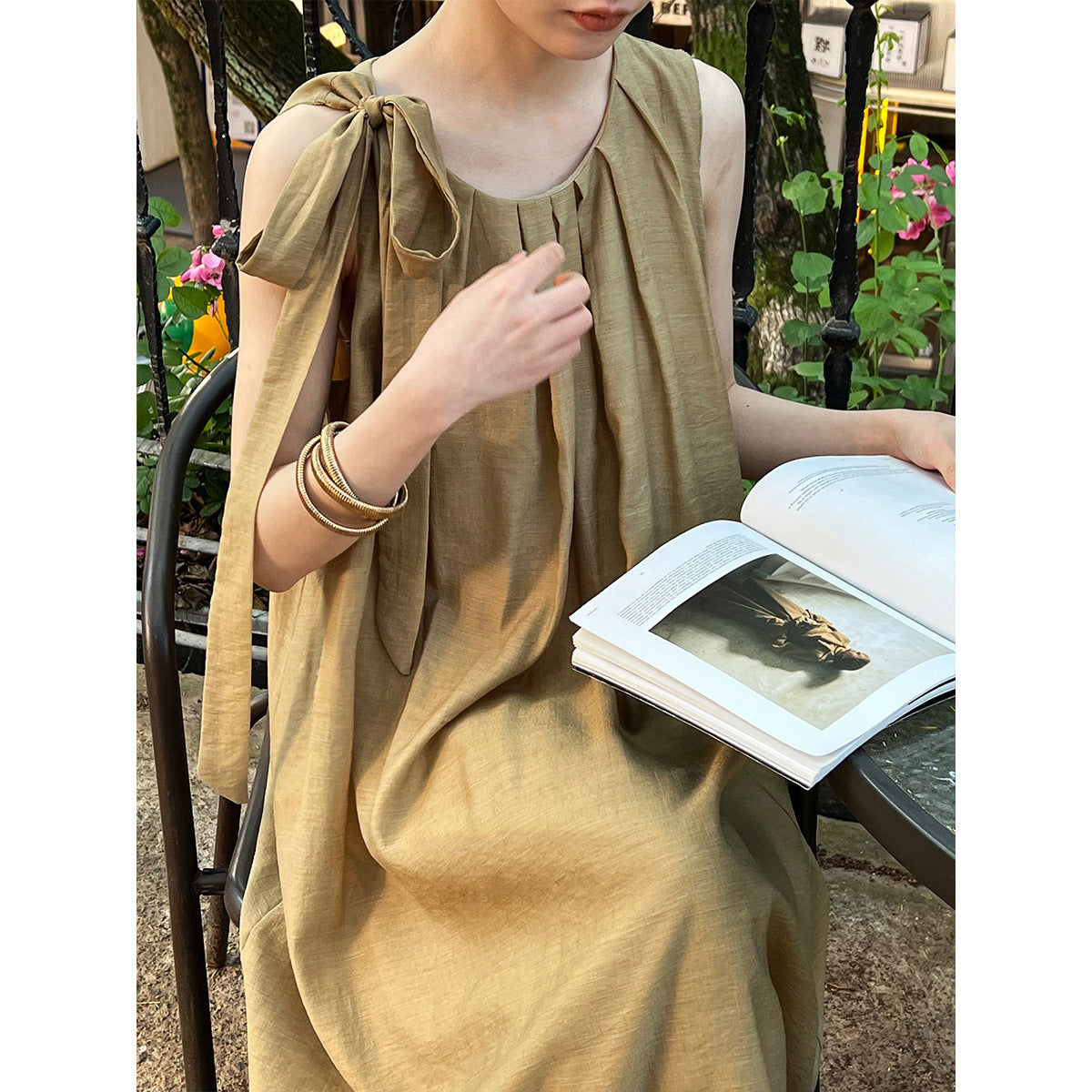 Luxi, imitation linen pleated sleeveless A-shaped dress, thin high-end vest skirt, vacation dress 3210