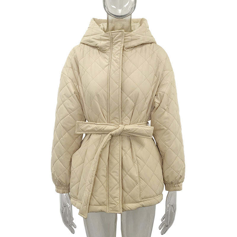 Cross-border foreign trade independent station Europe, America, autumn and winter hooded cotton-padded clothes, solid color warm jacket, top, women's single-breasted buckle with belt