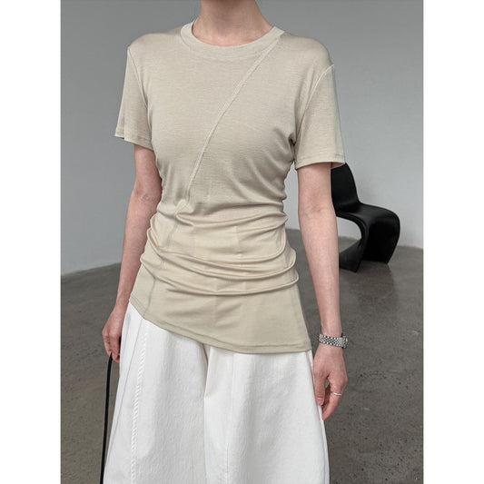 Luxi high elastic and thin~ Design sense irregular slim short sleeve women's summer light and thin Lyocell Tencel T-shirt 2687
