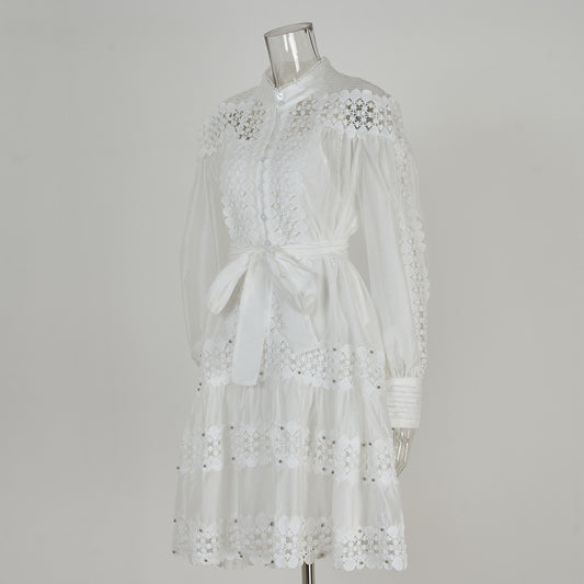 women's clothing  long-sleeved shirt skirt spring and autumn women's single-breasted water-soluble lace embroidered hollow dress