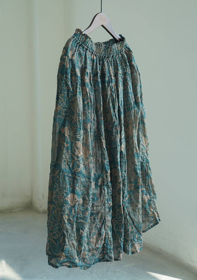 retro digital printing ramie pendulum skirt, literary double-layer elegant elastic waist dress B22228