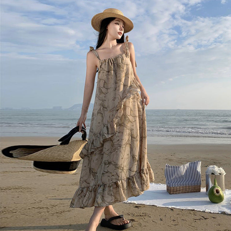2025 New Chinese aesthetic seaside vacation dress, rock pattern printing strap dress, loose and thin suspender skirt with ruffle edge