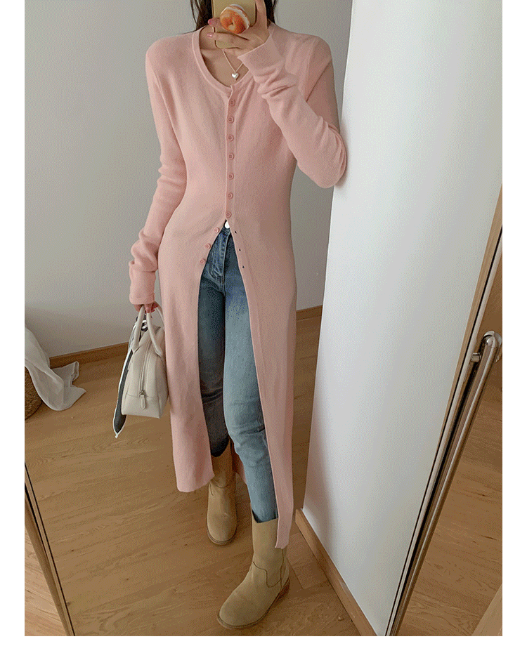 VLOVELAW Early autumn versatile solid color high split fork women's U-neck slim and thin knitted cardigan temperament long coat long sleeve top