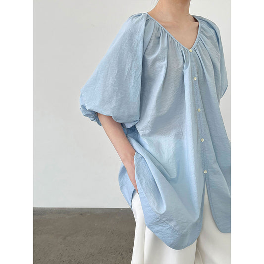 Luxi,  V-neck lazy bubble sleeve shirt women's summer new two-sided cardigan loose casual top 9746