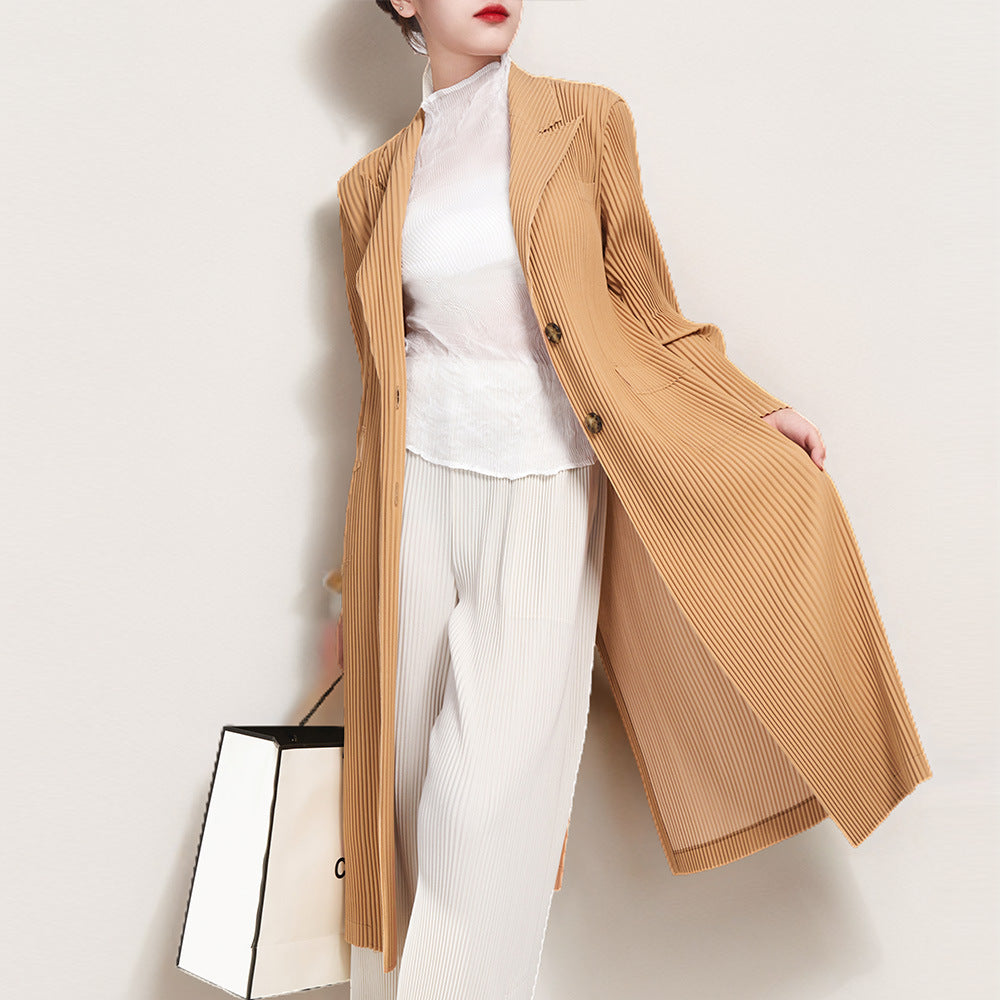 2025 trench coat autumn women's coat women's clothing high-end sense medium and long loose and thin pleated suit collar coat high-end