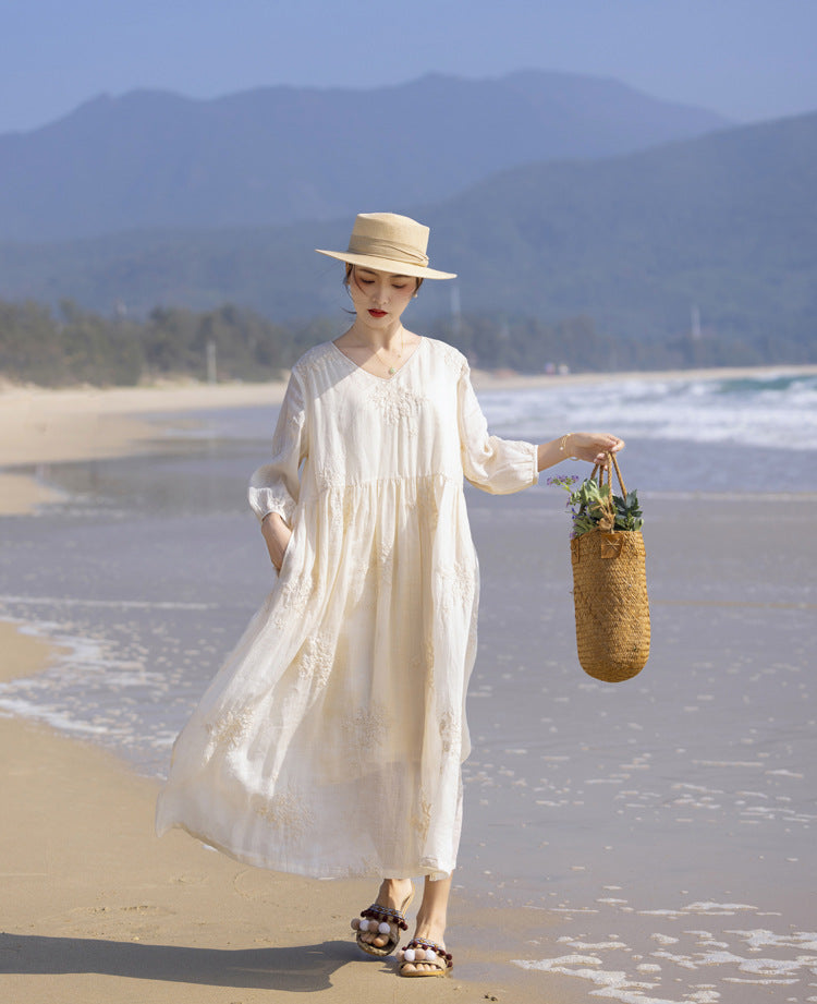 VLOVELAW Spring and Summer Loose Ramie High-End Machine Embroidery Style V-neck Travel Elegant Fairy White Dress