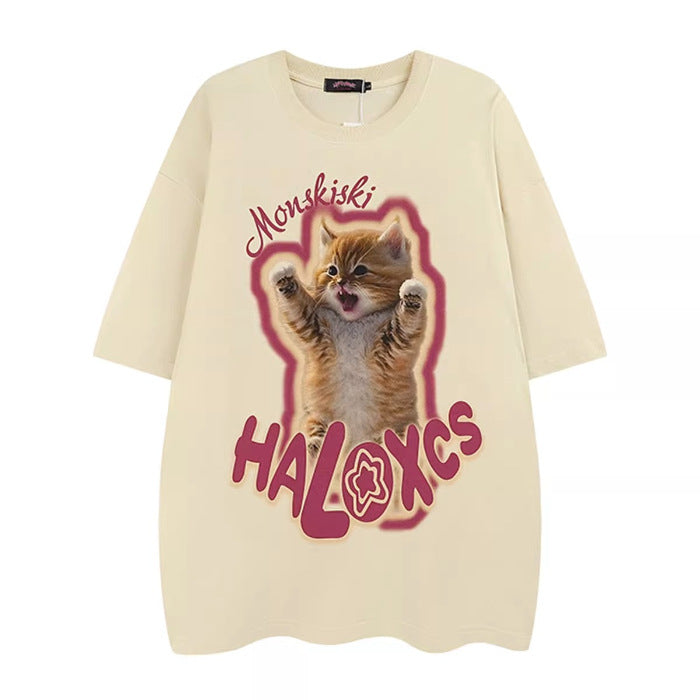 VLOVELAW Pure Cotton Good Goods American Summer Cute Cat Print Loose Leisure All-Matching Short Sleeve T-shirt Women's Half Sleeve Shirt Fashion