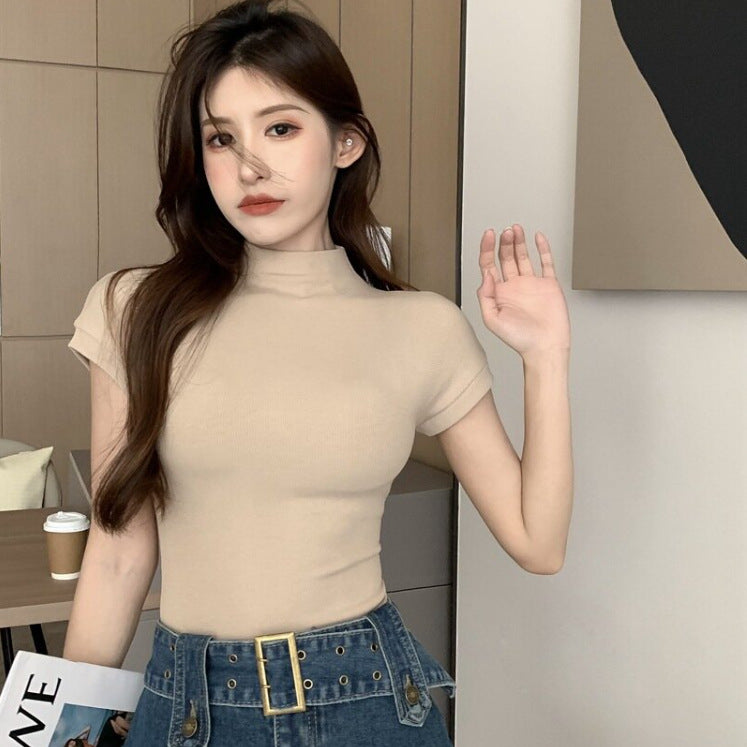 VLOVELAW Foreign Trade Cross-Border Summer Slim Fit Slim Looking Base Inner Wear Blouse Ins Desire Style Half Turtleneck Short Sleeve T-shirt Female Wholesale