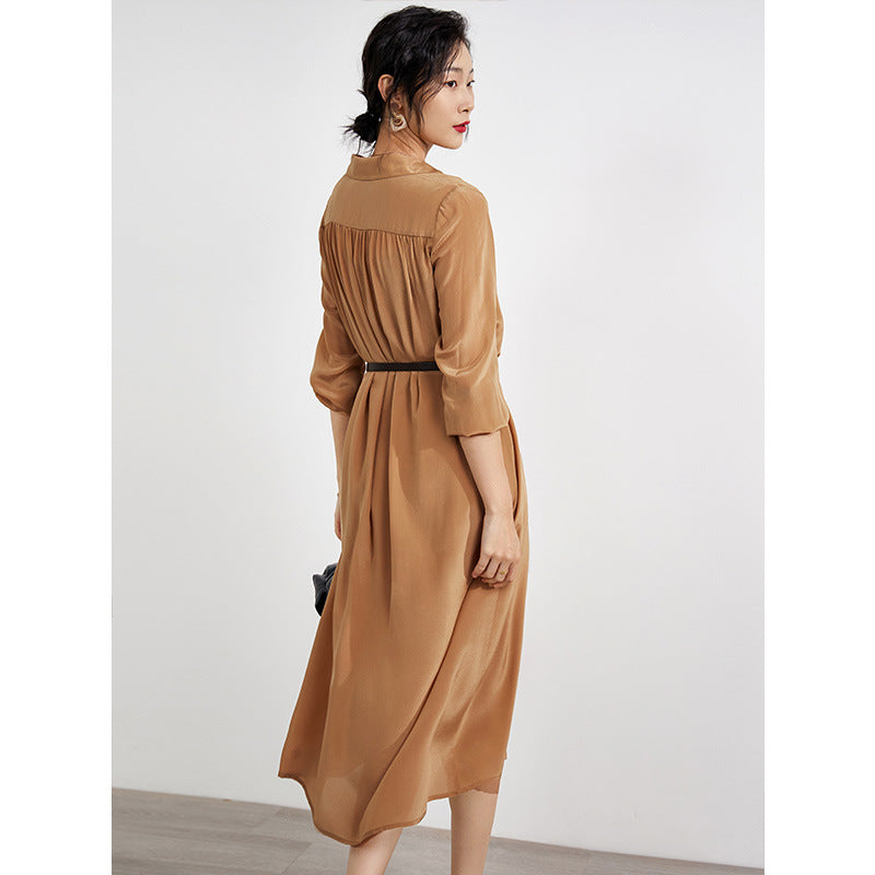 VLOVELAW Women's 4-Meter Inner and Outer 2-Layer Silk Dress Loose Tummy Hiding New Long Sleeve Slimming Temperament Shirt Dress