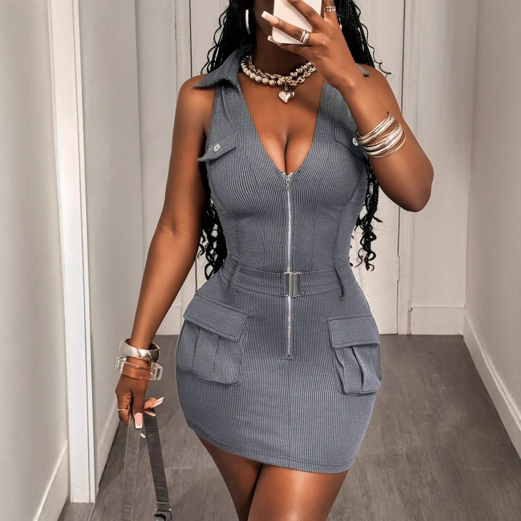 New sexy babes sleeveless hip-wrapped short skirts versatile waist and thin tooling pocket dresses