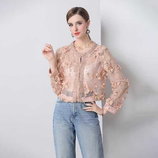 light luxury high-end heavy industry nail drill three-dimensional flower new Chinese Xiaoxiang short jacket sunscreen shirt top women