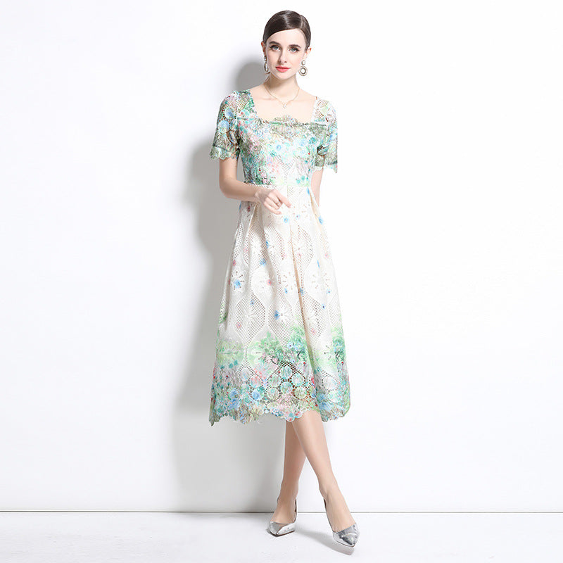 Medium and long hollow water-soluble lace dress women's short-sleeved spring and summer new slim-fit temperament high-end skirt