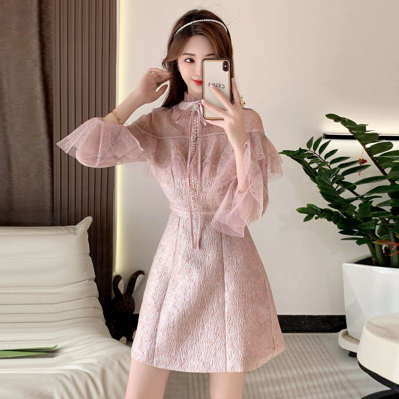 Light temperament fashion dress female celebrity heavy industry mesh embroidery high-end jacquard slim skirt