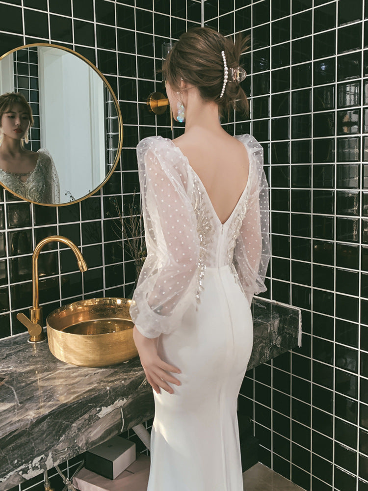 2025 Annual meeting evening dress fishtail  winter new host dress skirt female banquet temperament socialite white long