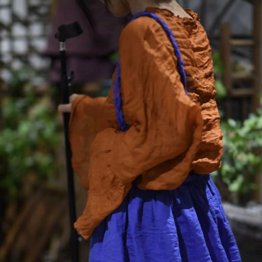 2025    24/3 SN36 literary and sweet two-color ramie long-sleeved lotus leaf neck pullover sunscreen shirt