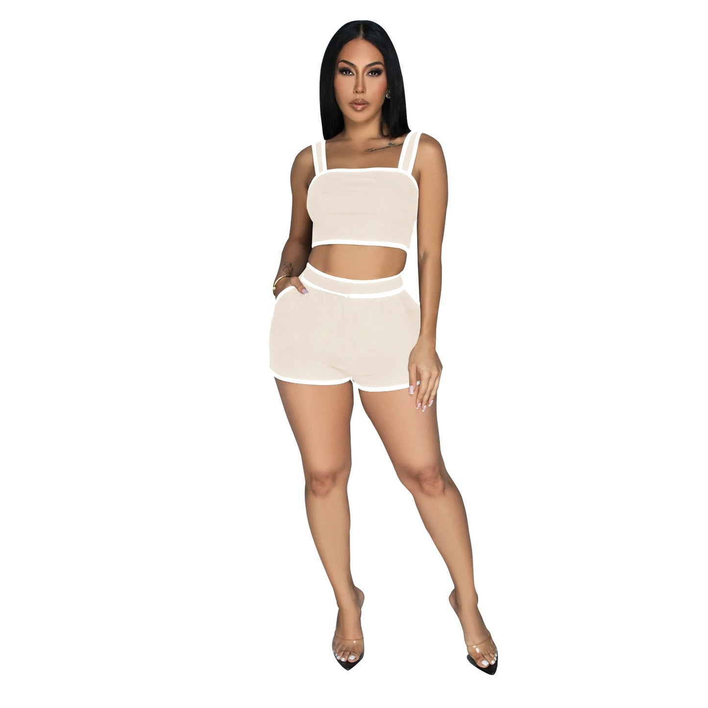 2025 C6966    New  Fashion Women's Clothing Solid Color Suspender Shorts Two-piece Set Women's