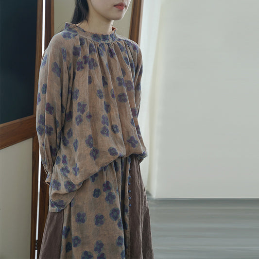 nostalgic retro blue-dye printed loose shirt, literary semi-turtleneck linen top S22261