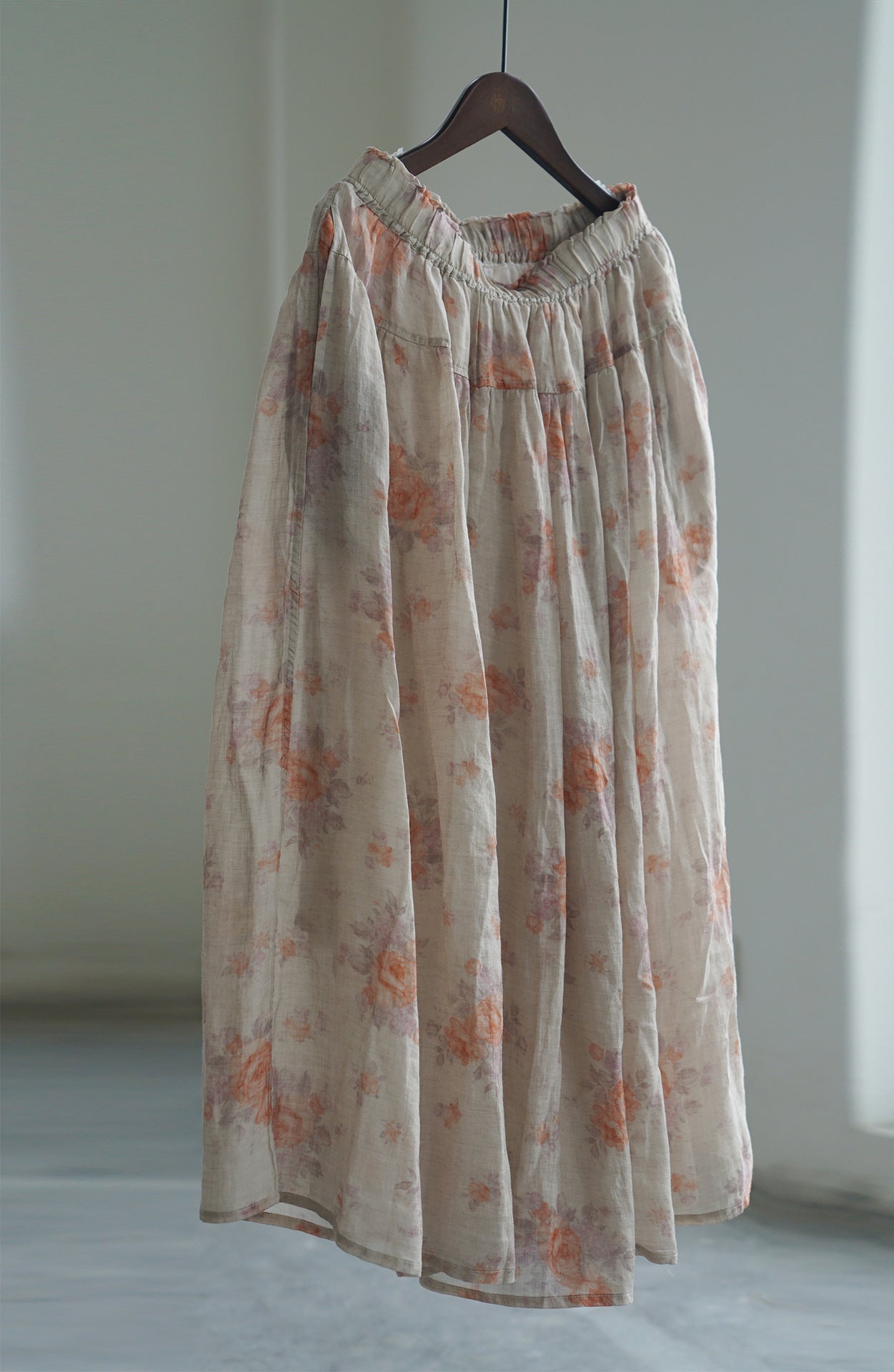 retro digital printing ramie pendulum skirt, literary double-layer elegant elastic waist dress B22228
