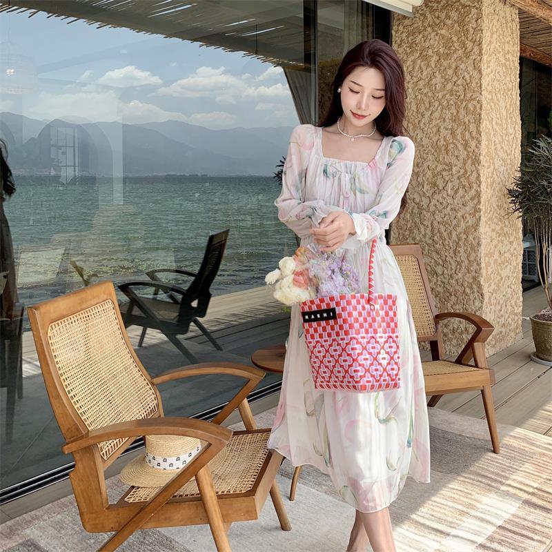 2025 retro high-end skirt spring and autumn new breathable and cool waist lace-up printed long-sleeved dress women