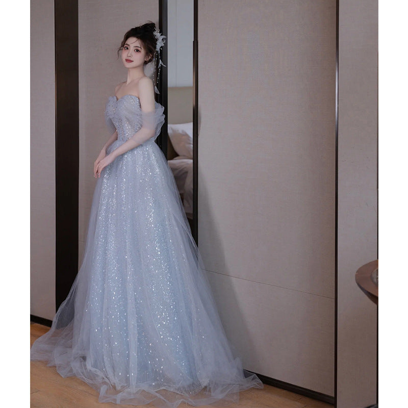 2025 Evening dress advanced sense  new blue banquet temperament light luxury vocal art test host haute couture birthday gauze skirt