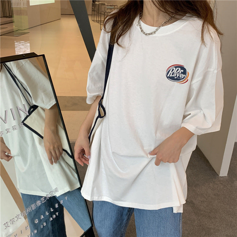 VLOVELAW Summer BF Style Loose Slimming Hong Kong Style Short Sleeve T-shirt Female Students Front and Rear Letter Printing Ins Fashion Top