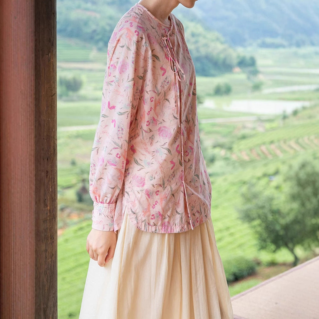 Spring new women's clothing suit ramie printing Chinese style shirt literary shirt A1242 women's long skirt