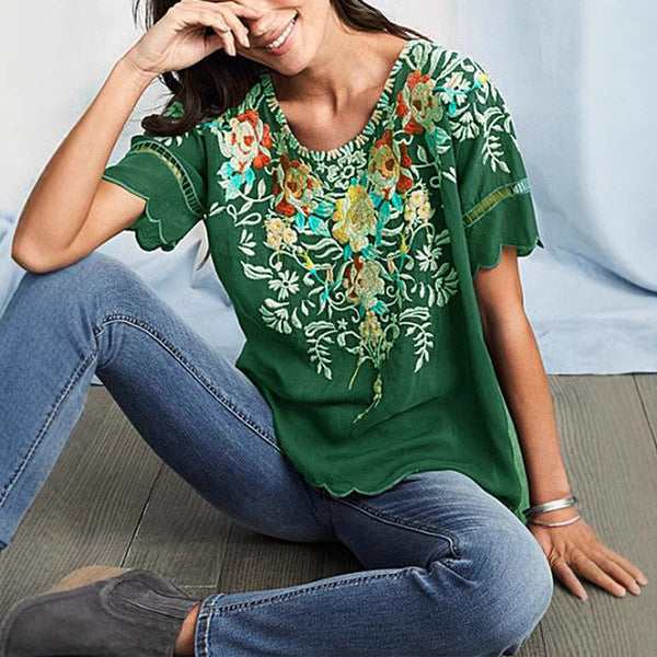 2025 summer Popular trade women's clothing short-sleeved embroidered top embroidered shirt crew neck shirt new