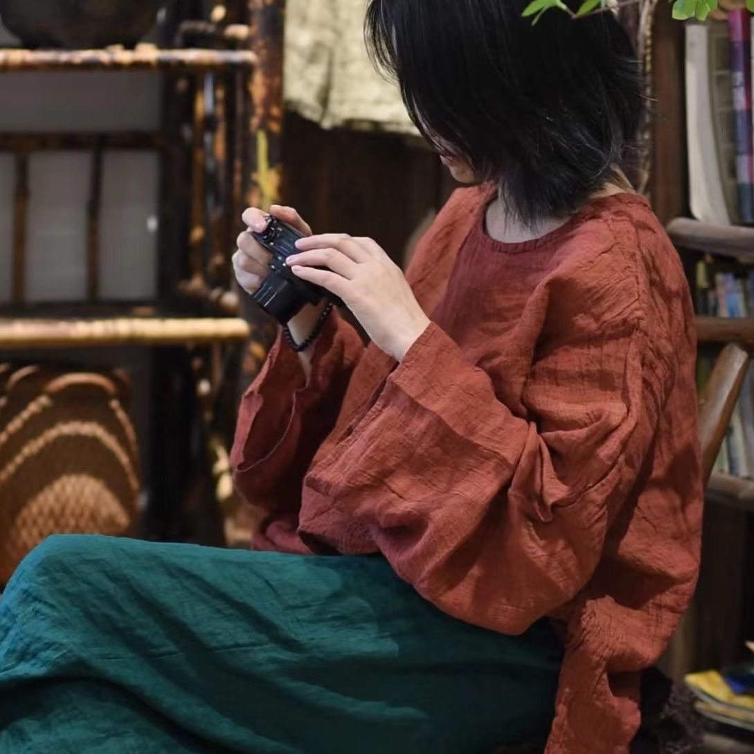 2025 22/3/Shirt, spring literary and retro textured linen loose pullover shoulder lazy shirt