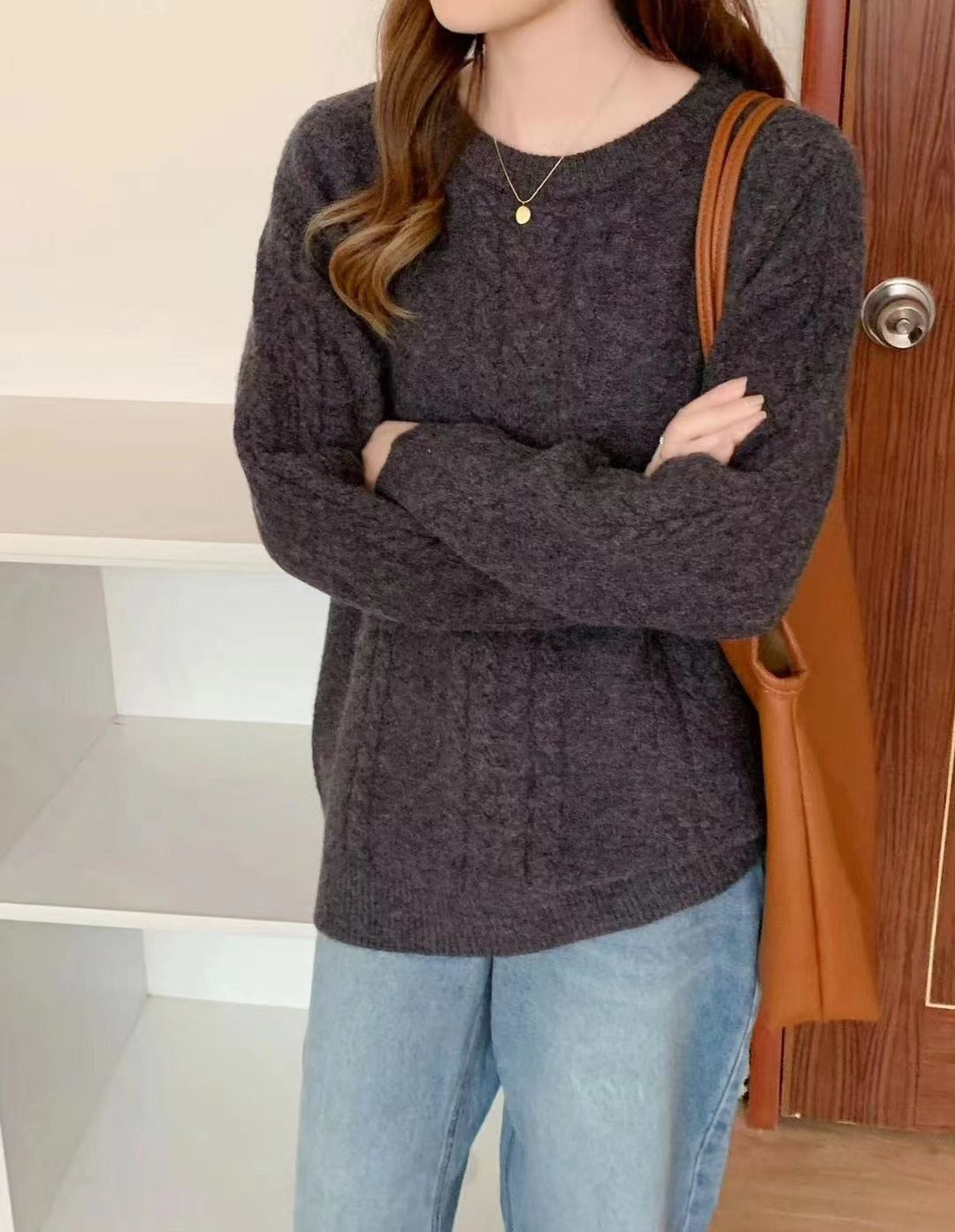 VLOVELAW New autumn and winter new solid color casual loose lazy style round neck fashion versatile knitted pullover sweater top women