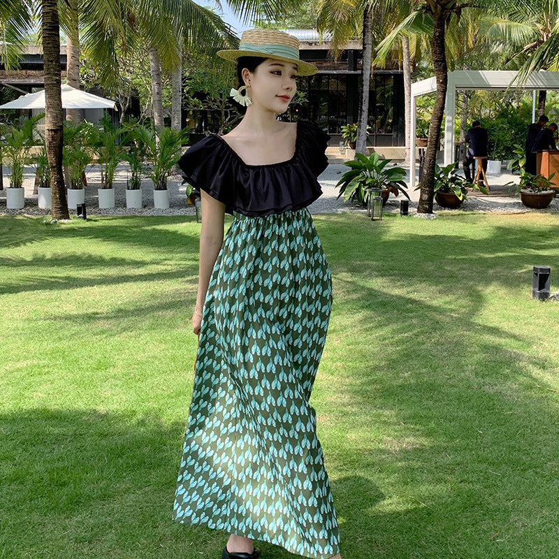 2025 One-word shoulder ruffle dress skirt Sanya seaside travel photo beach skirt showing thin temperament a-word dress summer