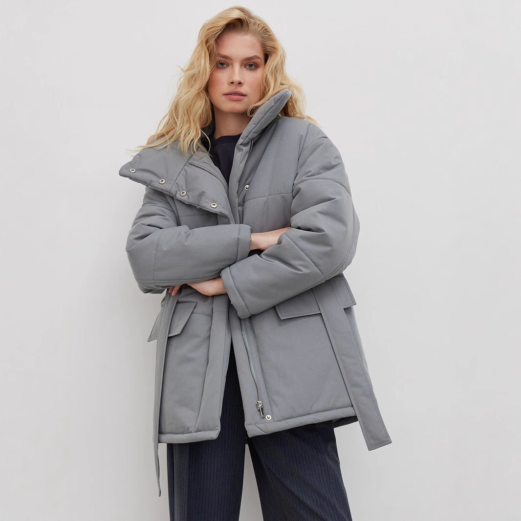 KKBOXLY Cross-border stand-up collar cotton jacket, 2025 New autumn and winter new temperament belt irregular medium and long cotton jacket