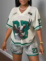 new New fashion retro street printing loose casual V-neck short-sleeved top shorts sports suit