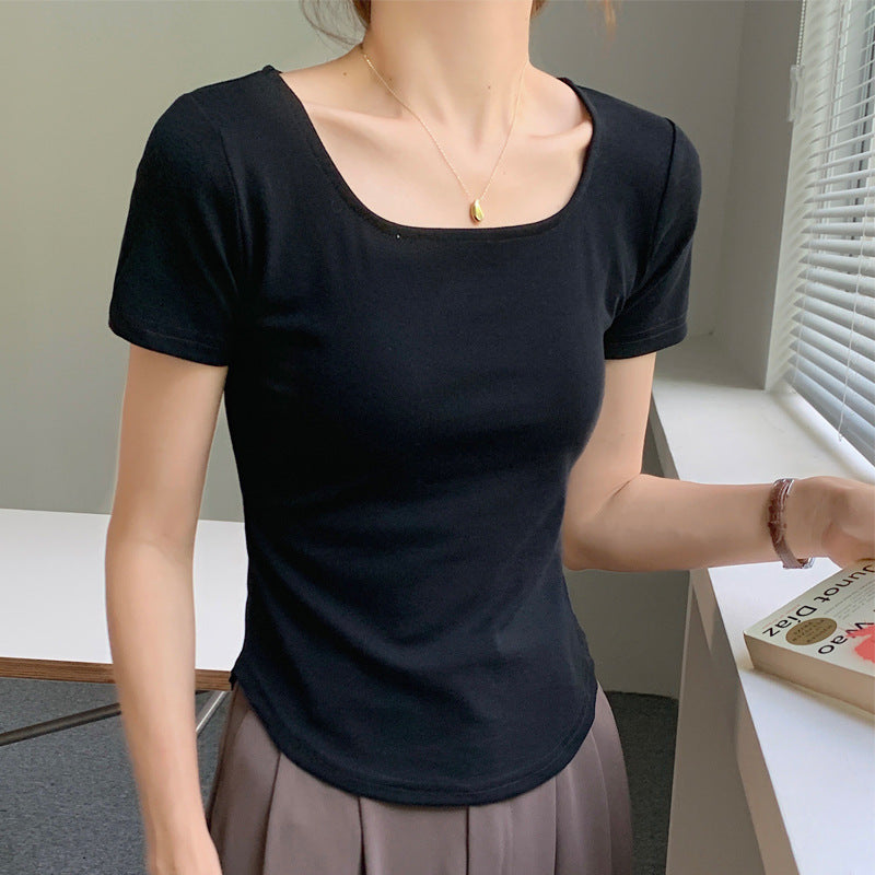 VLOVELAW 260G Selection Pure Cotton T-shirt Women's Summer Short Sleeve New Irregular Curved Slim Slimming U Collar Bottoming Top