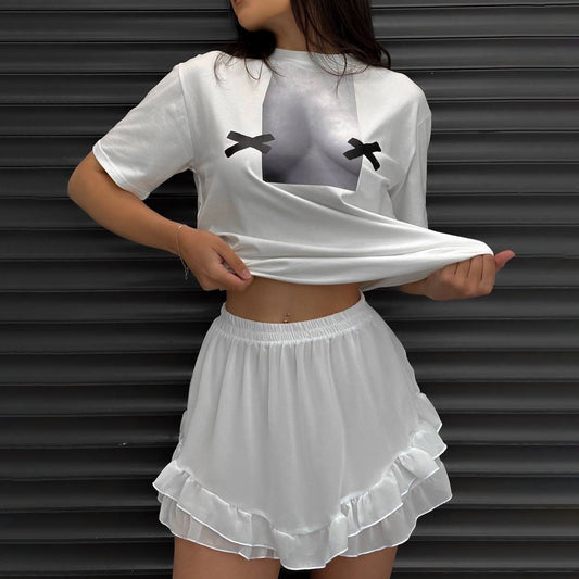 summer bow short-sleeved T-shirt oversize medium and long women's loose babes trend versatile crew neck top