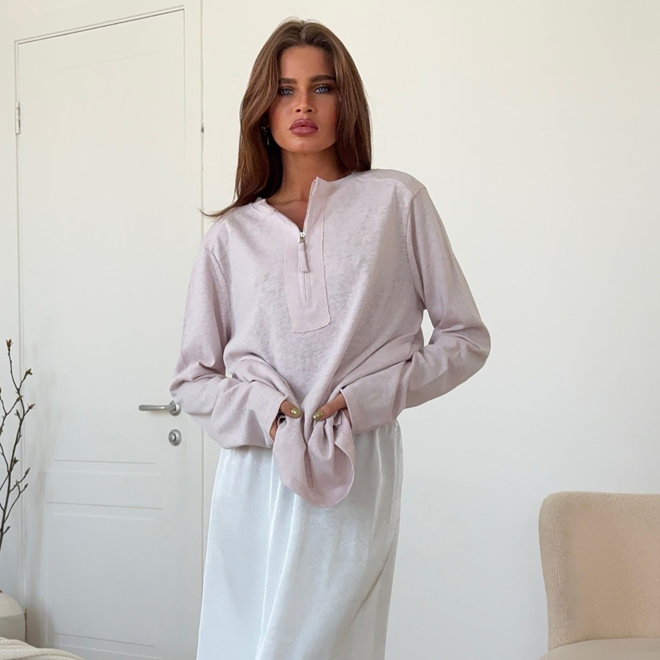 Popular, new comfortable and casual loose bamboo cotton thin long-sleeved crew neck bottoming shirt women's versatile can wear outside