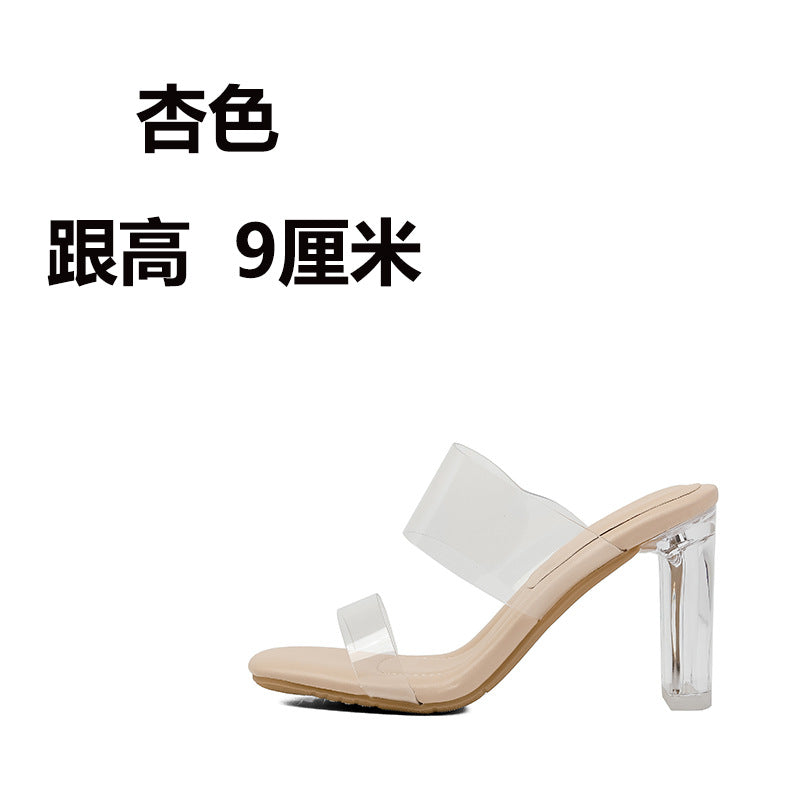 Sheepskin Droppings Transparent High Heel Women's Sandals New Summer Outdoor Slippers Mid Heel Chunky Heel Crystal Heel Shoes
