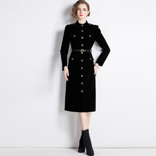 Black velvet trench coat women's  autumn and winter new Hepburn style stand-up collar slim fit medium and long coat tide