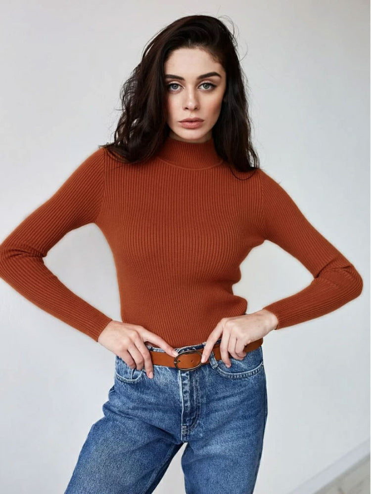 KKBOXLY Cross-border solid color semi-turtleneck sweater Europe, America and New autumn and winter women (24 colors in stock) slim-fit knitted bottoming shirt