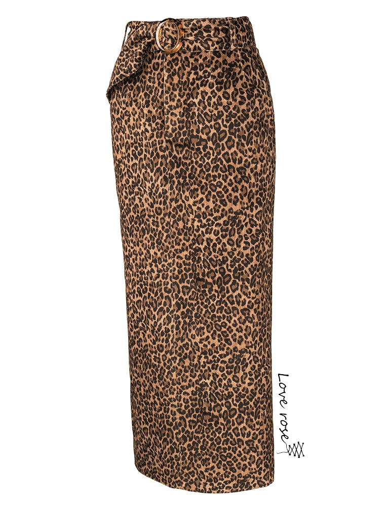 popular autumn new women's skirt, leopard print high waist medium and long versatile split skirt, waist straight skirt