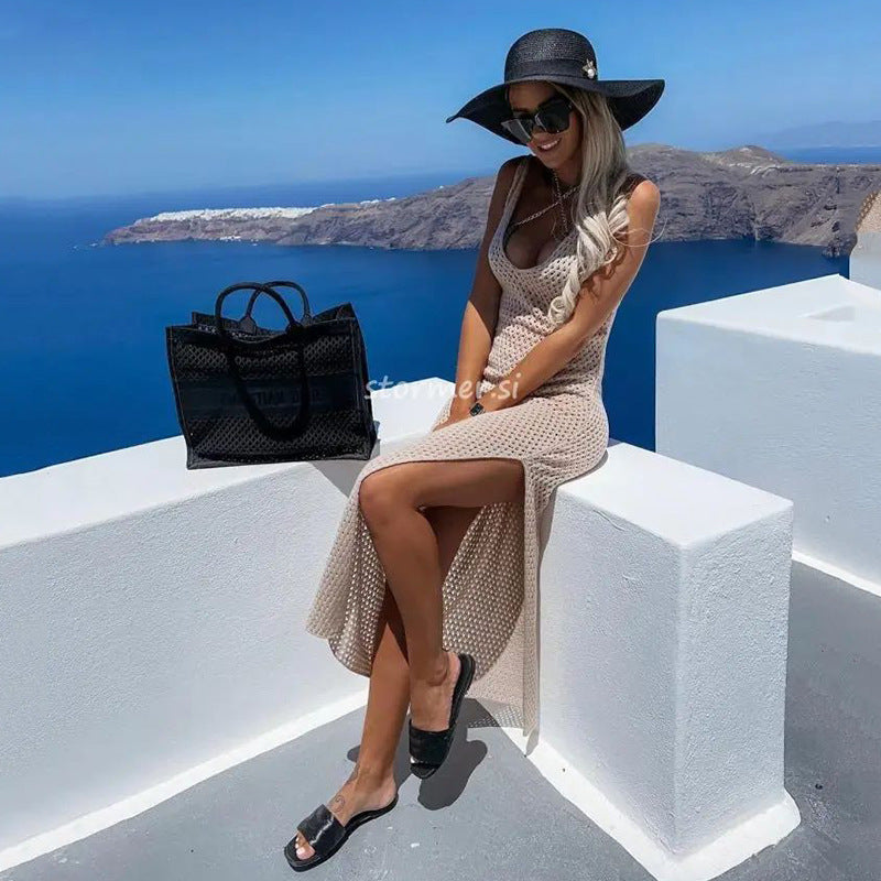 VLOVELAW 2025 summer new beach skirt women's solid color sexy knitted hollow beach bikini swimsuit blouse sunscreen clothing