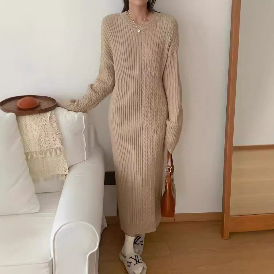 VLOVELAW retro crew neck twist knitted dress women's autumn and winter loose with coat sweater skirt with bottom long dress