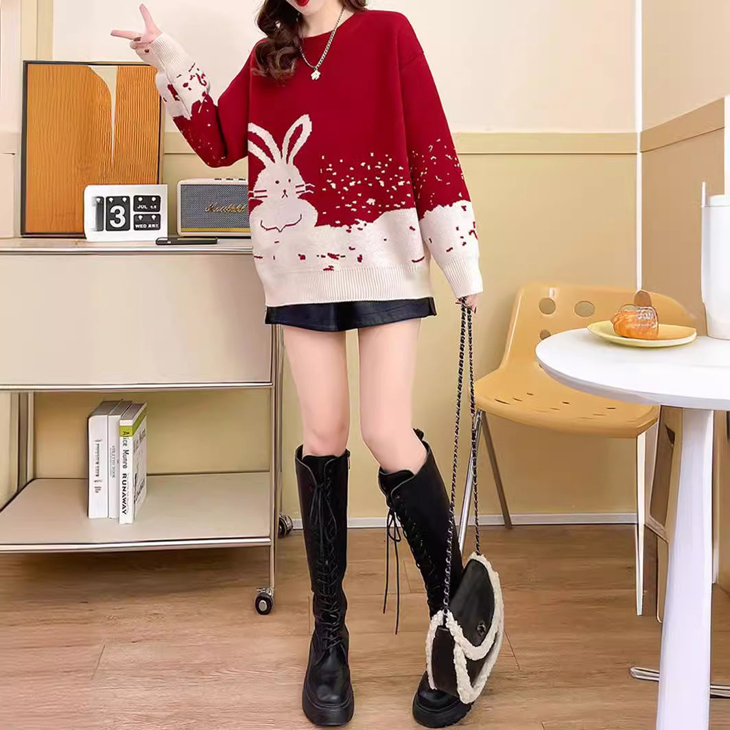 Year of the Rabbit red sweater female natal year autumn and winter loose new popular thickened Popular style festive bottoming shirt
