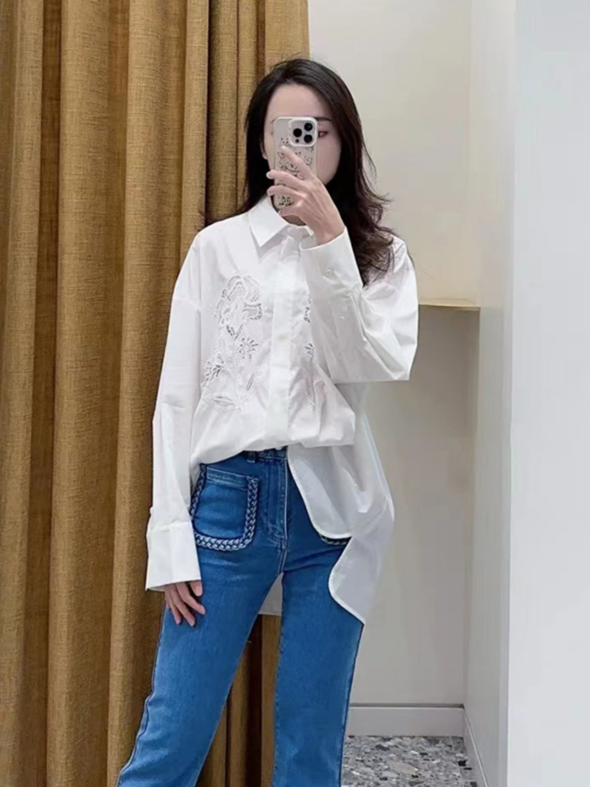 VLOVELAW Style M Home Spring and Summer New Women's Fashion White Hollow-out Long Sleeve Shirt Top