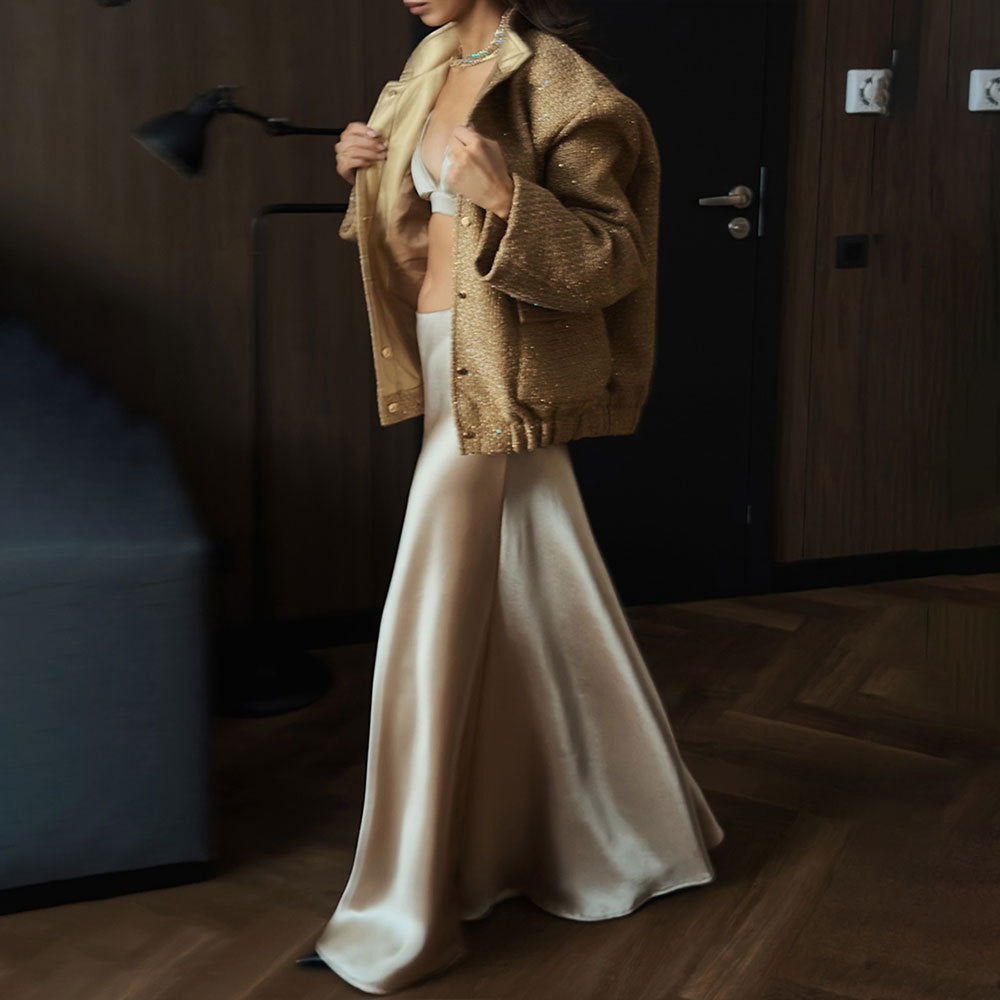 KKBOXLY Cross-border gold silk bead jacket Europe and America New new INS new fashion sequined stand-up collar loose jacket