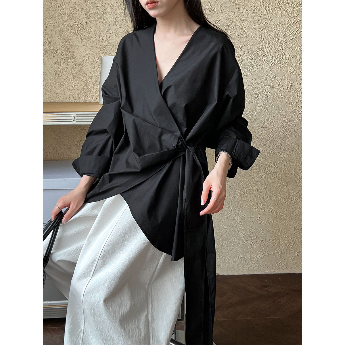 Luxi, Korean irregular waist strap shirt women's spring casual niche design one-piece top 3563