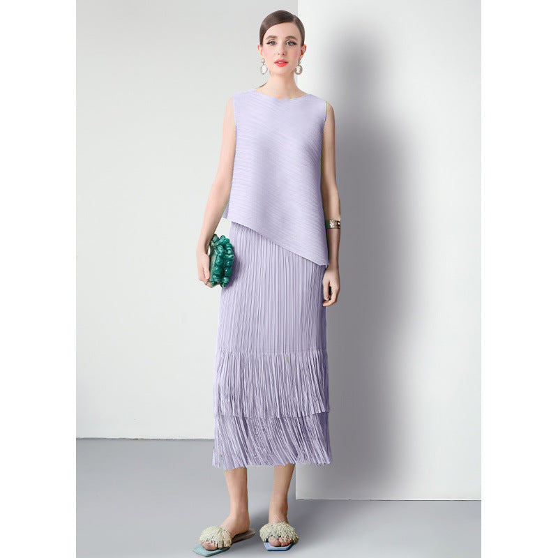 Miyake fashion pleated suit women's summer style Popular style sweet irregular vest top fringed skirt two-piece set