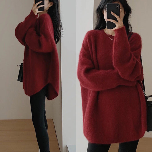 Autumn and winter sweater  new women's clothing loose medium and long lazy style Korean version knitted sweater women's clothing jacket tide