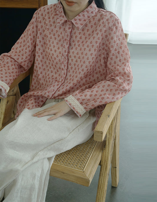 casual and literary early autumn floral lapel ramie shirt, retro nostalgic classic thin top S22272